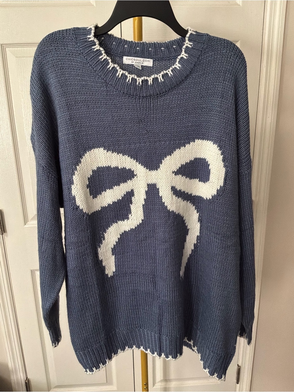 Chic Soul Boutique Blue Bow Intarsia Large Knit Crewneck Sweater